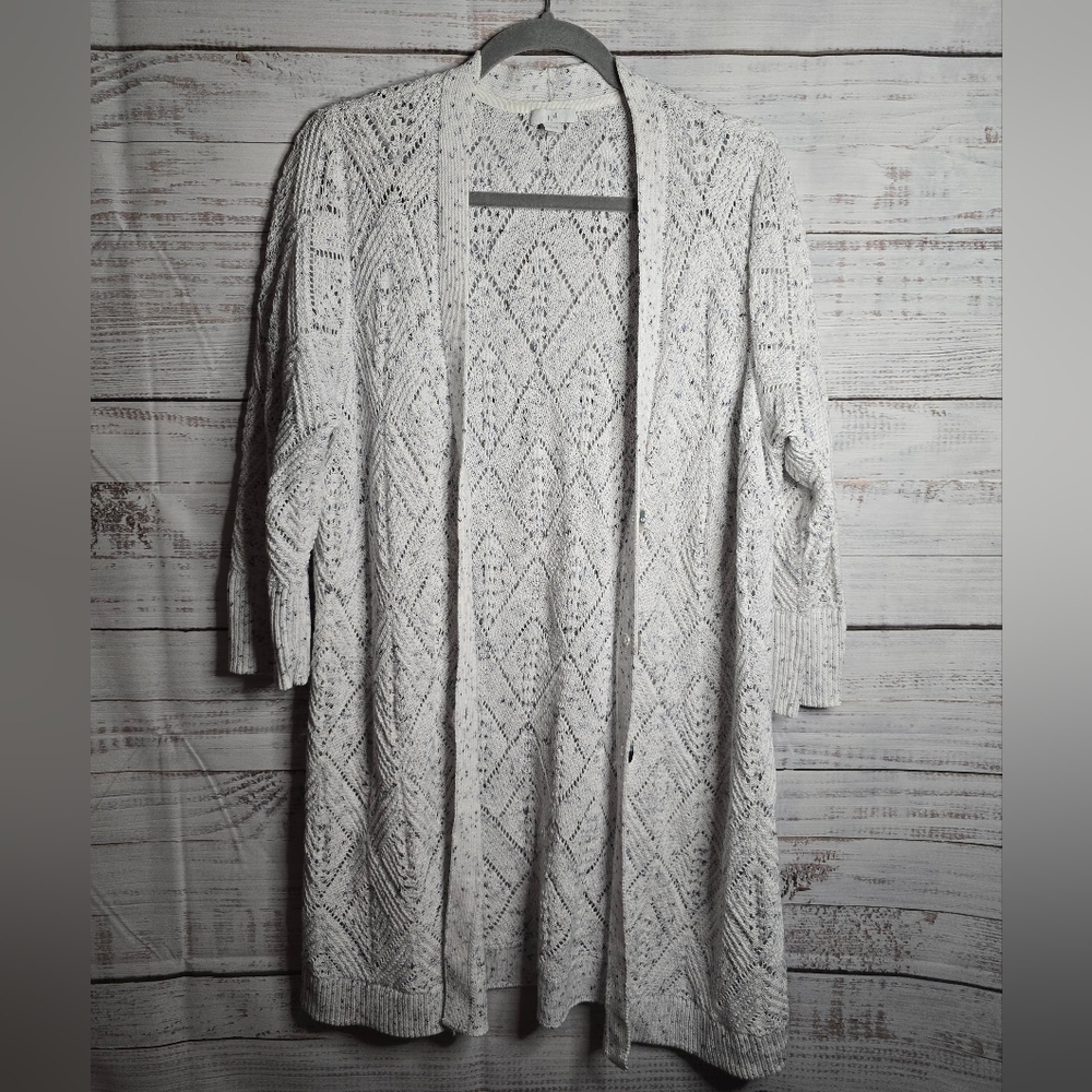 Open-Front White  and Blue Knit Cardigan Sweater